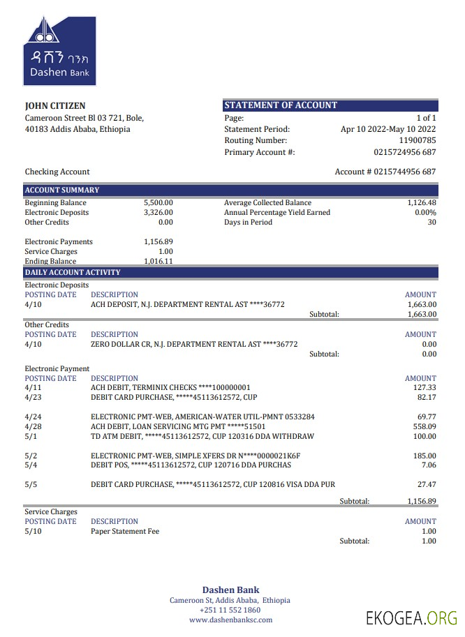 Relevé de la Banque Dashen d'Éthiopie xls